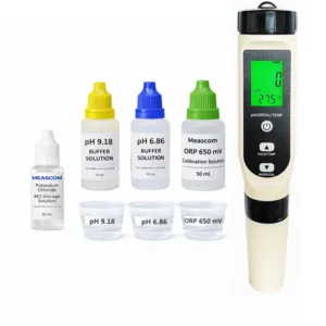 Meascom pH and ORP water testing kit with digital meter, pH 6.86 and pH 9.18 buffers, ORP 650 mV calibration solution, KCl storage solution and calibration cups.
