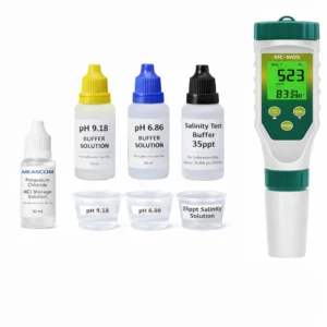Aquaculture water test kit with pH and salinity buffers, 5-in-1 probe, calibration cups and KCl storage solution
