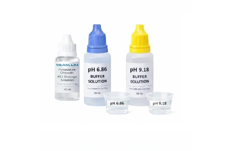 buffer pack with pH 6.86 and pH 9.18 plus kCl and two measurement cups for holding buffers during testing
