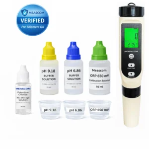 Meascom pH and ORP water testing kit with digital meter, pH 6.86 and pH 9.18 buffers, ORP 650 mV calibration solution, KCl storage solution and calibration cups. plus verification service included