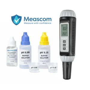 pool water pH and temperature testing kit including pH pen meter, pH 6.86 and pH 9.18 buffer solutions, KCl storage solution, and calibration cups.