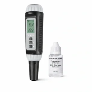PH01 replacement pH probe shown with 30 mL potassium chloride KCl storage solution for proper electrode storage