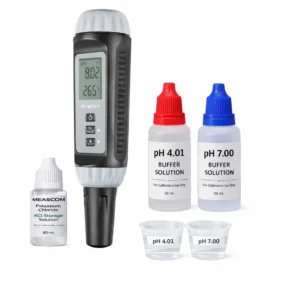 Professional pool pH and temperature testing kit including pH pen meter, pH 4.01 and pH 7.00 buffer solutions, KCl storage solution, and calibration cups.