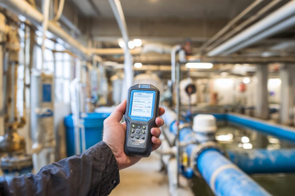 technician in australia in plant room using water quality testing instruments