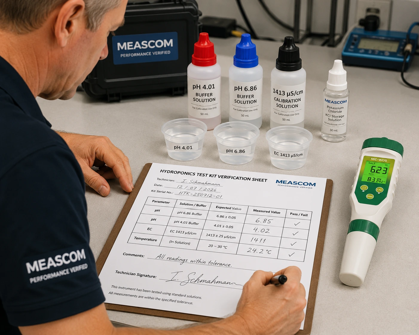 Technician performing final performance verification of a professional hydroponics water test kit using pH 4.01, pH 6.86 and EC 1413 calibration solutions before shipment.