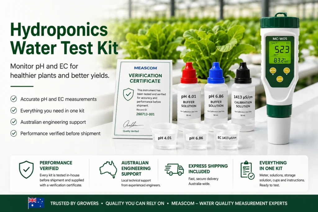 meascom hydroponics water test kit showing the included performance verification documentation