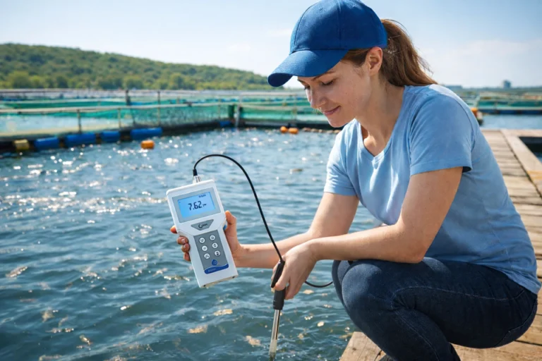 Using a portable dissolved oxygen meter to measure oxygen levels in a fish farm pond.