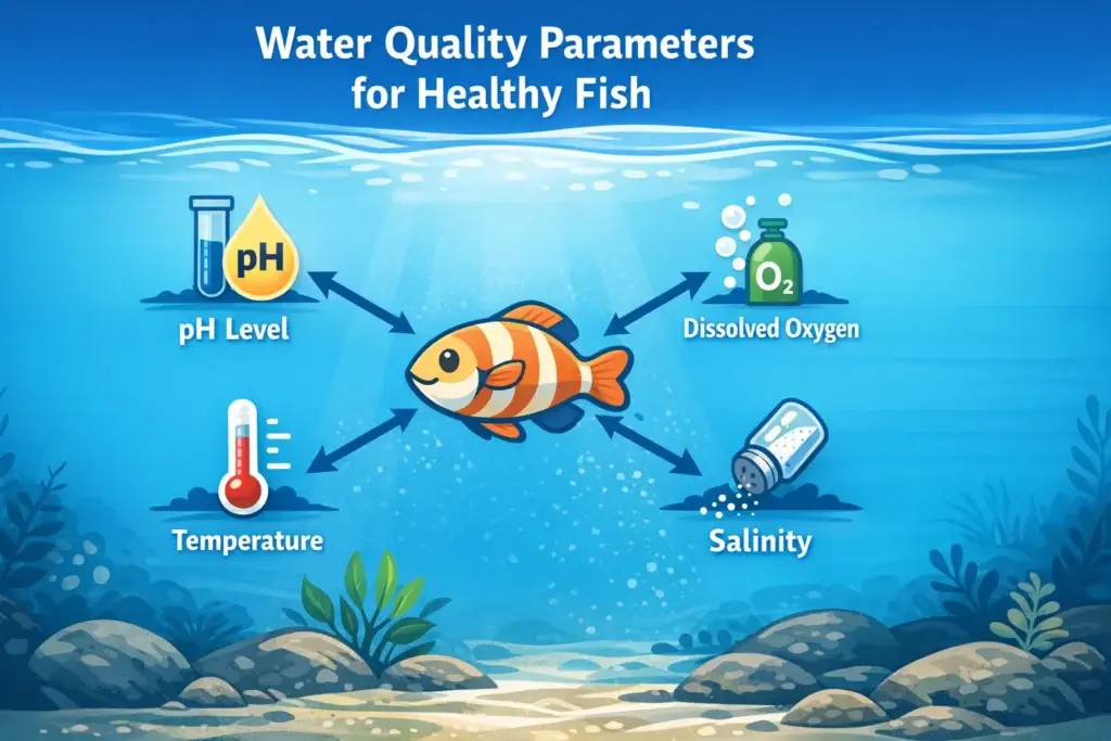 Diagram showing key water quality parameters for fish including pH, dissolved oxygen, temperature and salinity.