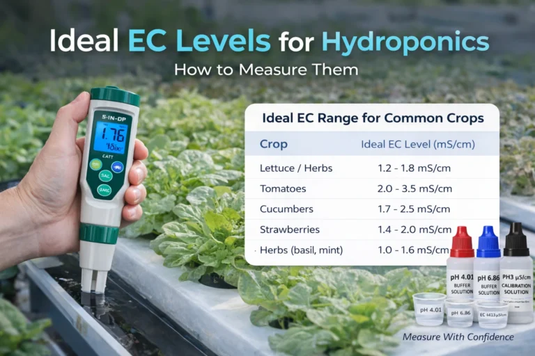 Ideal EC levels for hydroponics measured with Meascom 5-in-1 conductivity meter