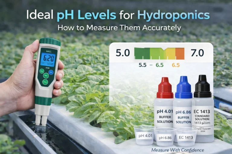 Ideal pH levels for hydroponics measured using a handheld pH meter with calibration buffer solutions