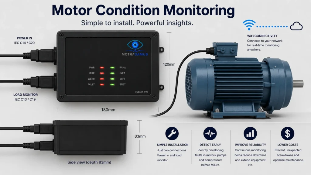 Motradamus motor condition monitoring system showing simple plug-and-play installation between power source and motor, with WiFi connectivity and MCSA-based monitoring for motors, pumps and compressors.