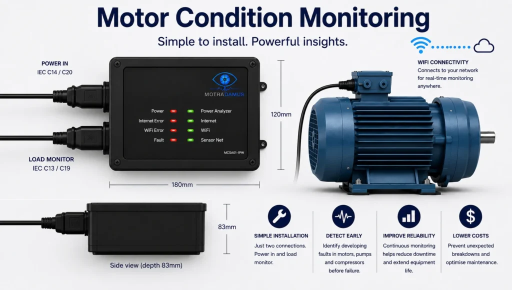 Motradamus motor conditioning monitoring using motor current signature analysis and voltage signature analysis to detect problems and predict failure