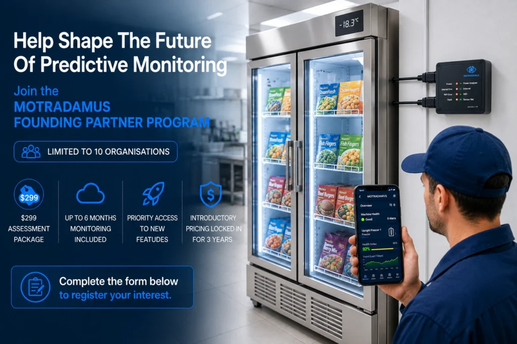 Motradamus Founding Partner Program featuring a commercial double-door freezer, plug-in predictive monitoring device, and smartphone dashboard showing equipment health trends, early fault detection and cloud monitoring.