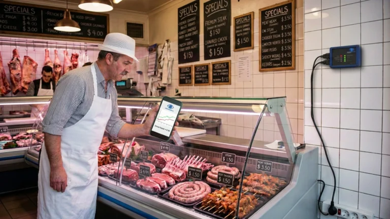 Butcher viewing Motradamus predictive maintenance and Service Effectiveness Verification results for a refrigerated display cabinet after condenser cleaning.