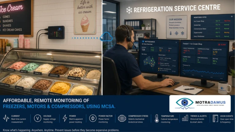 emote refrigeration monitoring system showing an ice cream freezer equipped with Motradamus and connected to a refrigeration service centre where technicians monitor compressor stress, power factor, temperature and freezer performance using Motor Current Signature Analysis (MCSA).