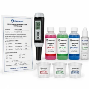 meascom professional pH meter kit with verified probe, calibarion buffers and KCl storage solution plus verification certificate