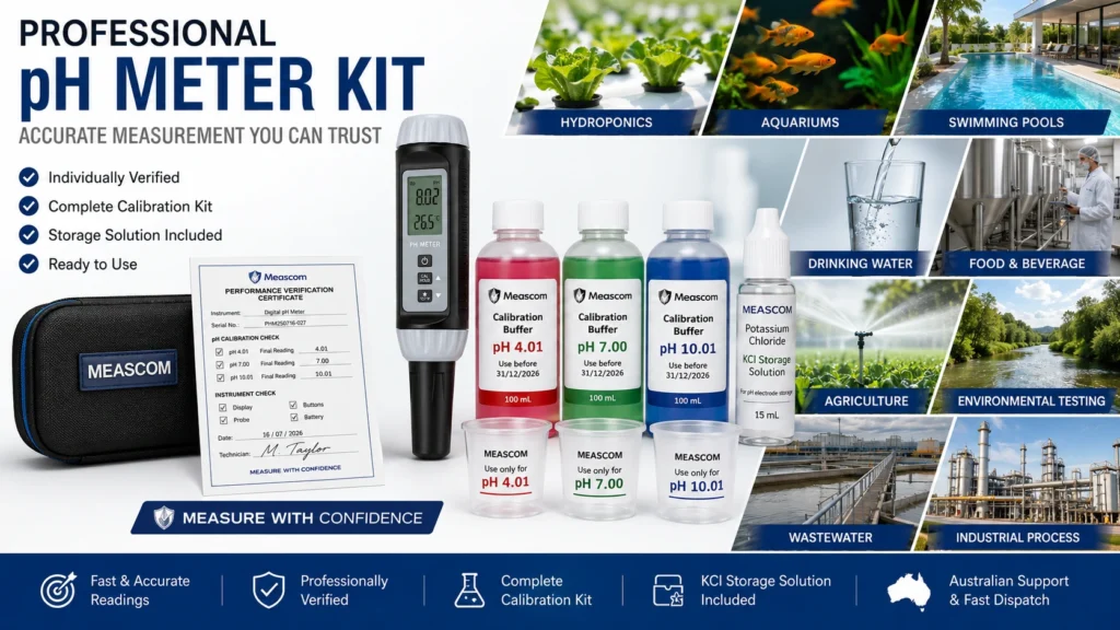 meascom professional pH meter kit shown in a number of its applications